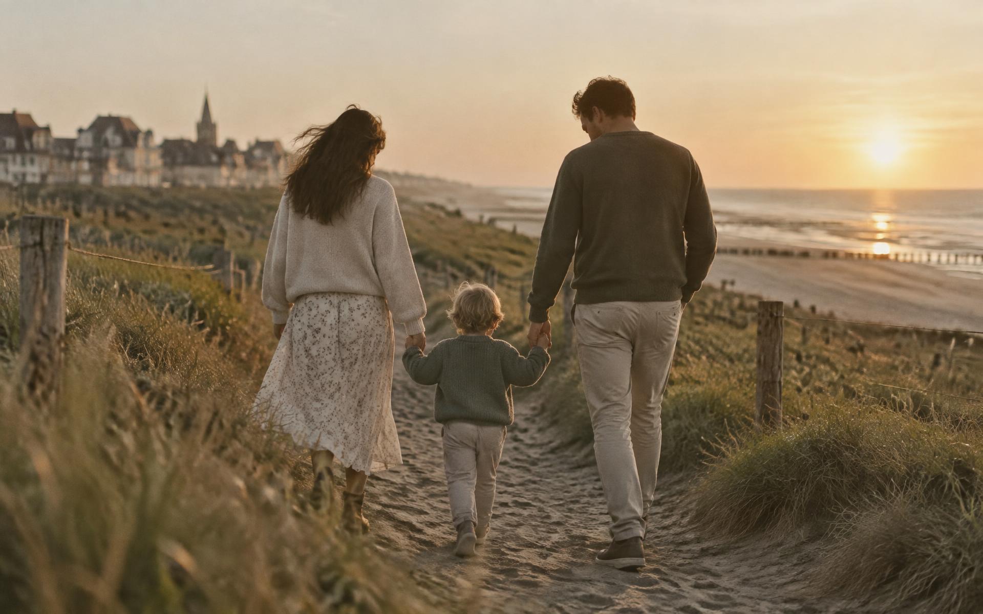 A family walking together along a coastal path at golden hour