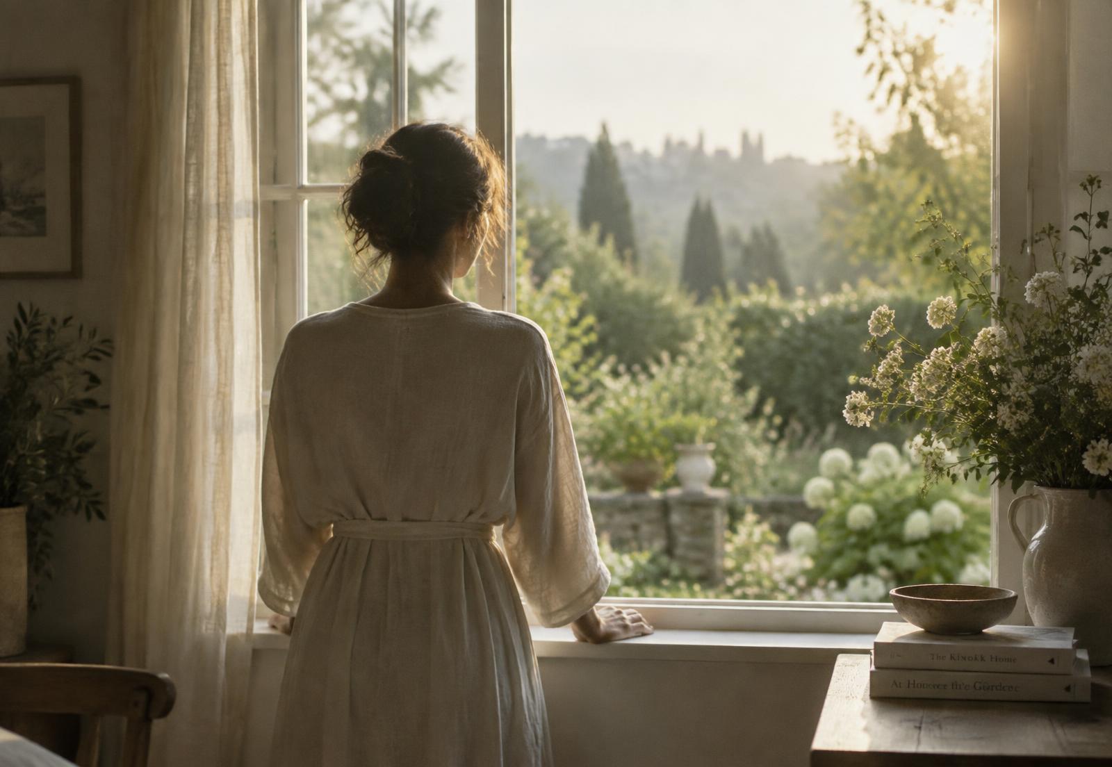 A quiet morning at a window, looking out over a garden